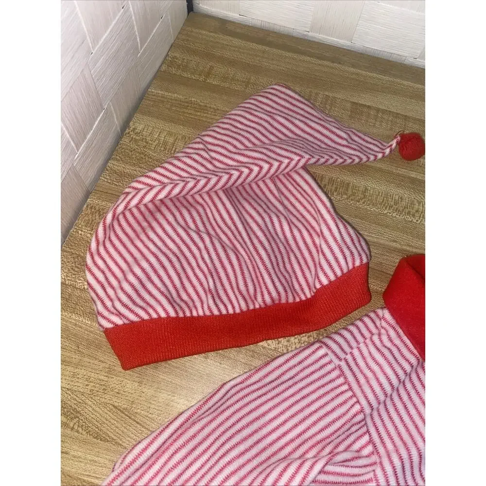 80s 2 Pc Olexis Baby Infant Red White Striped Gown Cap 18-25 Lbs USA